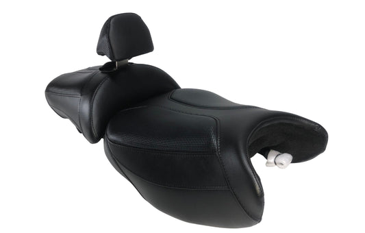 Custom black gel motorcycle seat with backrest and white accent stitching for BMW R 1200 GS and R 1250 GS Adventure models 2013-2024