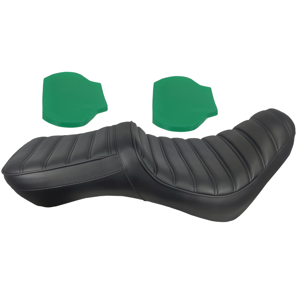 Ergonomic two-piece custom motorcycle seat set with premium gel padding and diamond-stitch detailing.