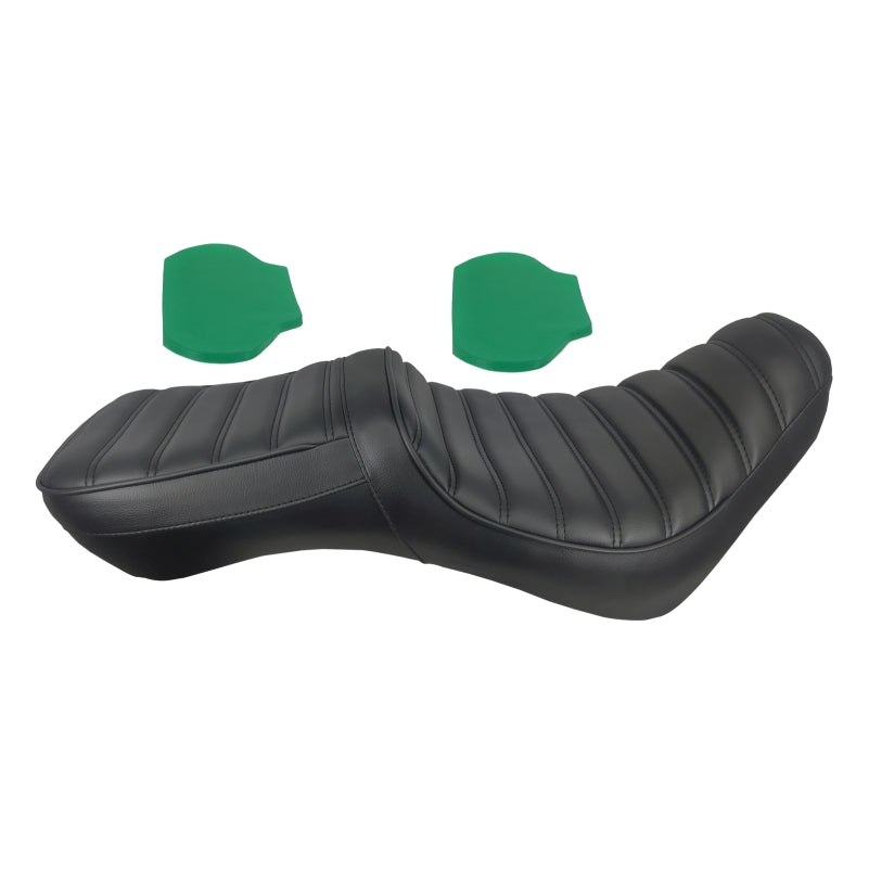Detail view of handcrafted rider and passenger seats with non-slip texture and reinforced stitching.