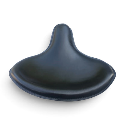 Champ Customs Shop black full grain leather solo seat for vintage Harley motorcycles with steel base.