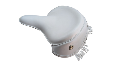 Harley Police Panhead Knucklehead Flathead EL WL ULH Genuine White Leather Fringe Skirt Seat with Frill - Champ Customs Shop