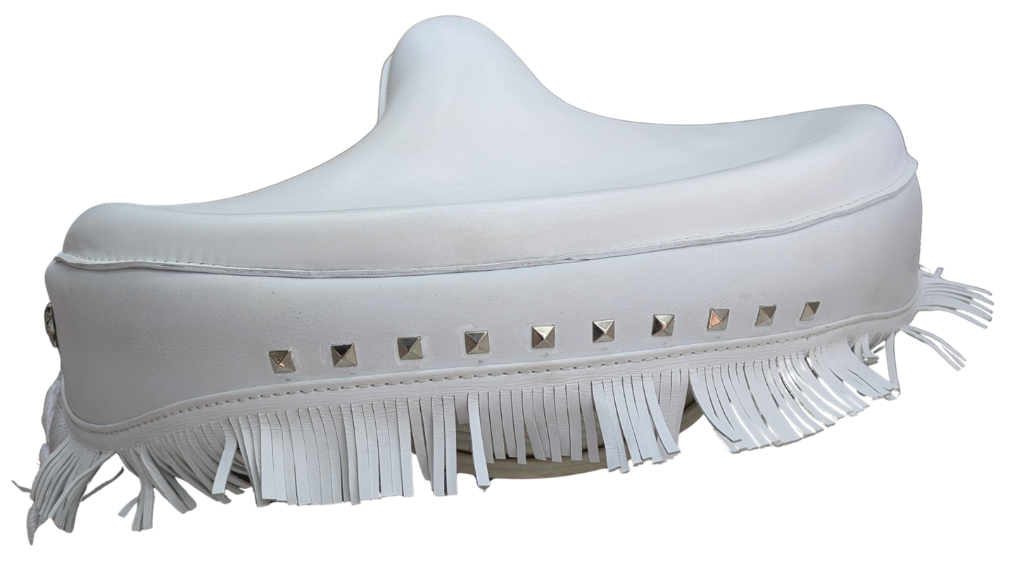 Harley Police Panhead Knucklehead Flathead EL WL ULH Genuine White Leather Fringe Skirt Seat with Frill - Champ Customs Shop