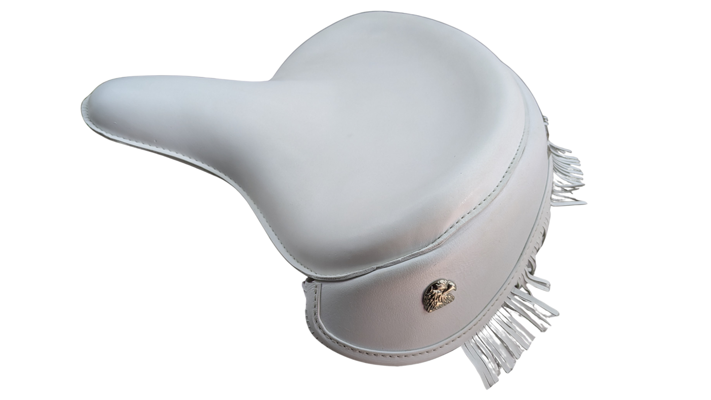 Harley Police Panhead Knucklehead Flathead EL WL ULH Genuine White Leather Fringe Skirt Seat with Frill - Champ Customs Shop