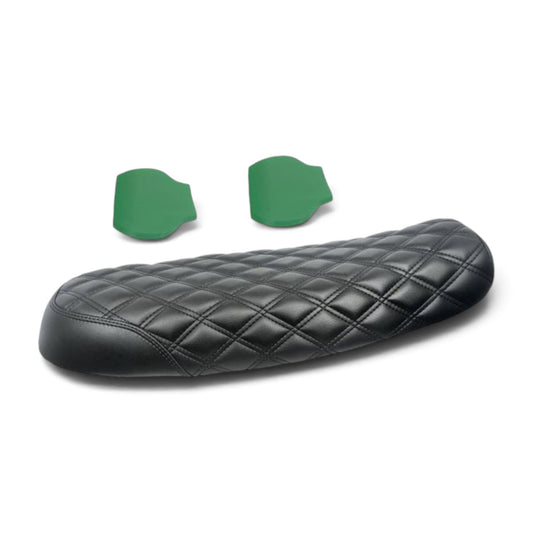 Champ Customs Shop black diamond stitch gel seat for Triumph Bonneville with two green gel inserts