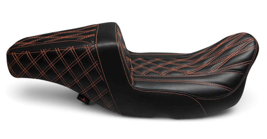 Champ Customs Shop black leather 2-up touring motorcycle seat with orange diamond stitching for Harley Davidson