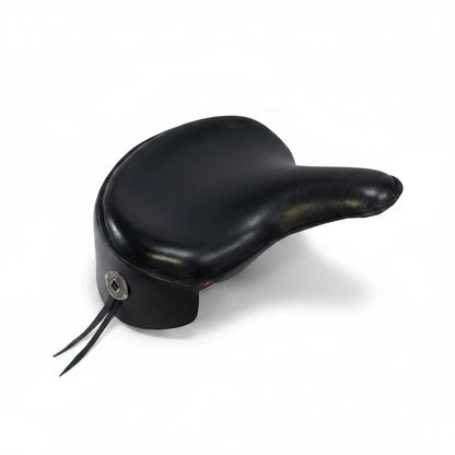 Champ Customs Shop black genuine leather police style solo motorcycle seat with skirt for vintage Harley models