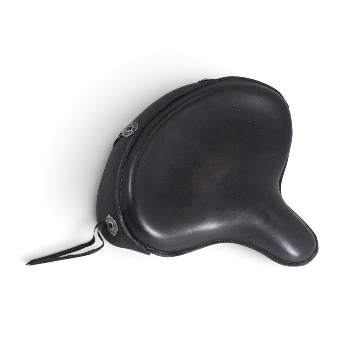 Champ Customs Shop black genuine leather police style solo motorcycle seat with skirt and decorative side studs
