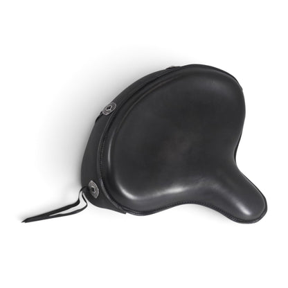 Champ Customs Shop black genuine leather police style solo motorcycle seat with skirt and decorative side studs