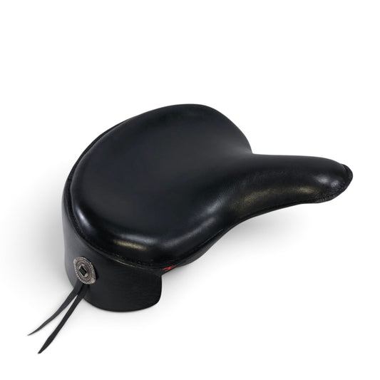 Champ Customs Shop black genuine leather police style solo motorcycle seat with skirt for vintage Harley models