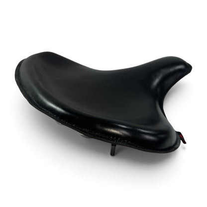 Champ Customs Shop black full grain leather solo seat for vintage Harley motorcycles with a durable steel base.