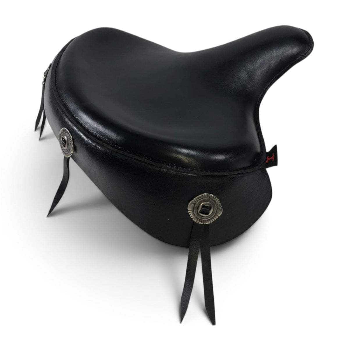 Champ Customs Shop black genuine leather police-style solo motorcycle seat with decorative skirt and metal accents