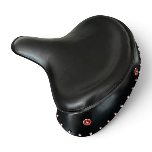 Champ Customs Shop black leather solo motorcycle seat with studded jeweled skirt for vintage Harley motorcycles