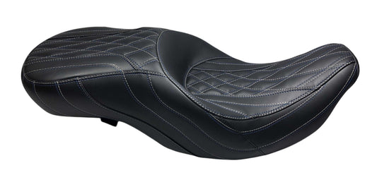Champ Customs Shop black leather touring seat with blue Outlaw Diamond stitching for Harley-Davidson motorcycles