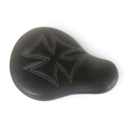 Champ Customs Shop black vinyl solo motorcycle seat with red stitched iron cross design for custom bobber bikes