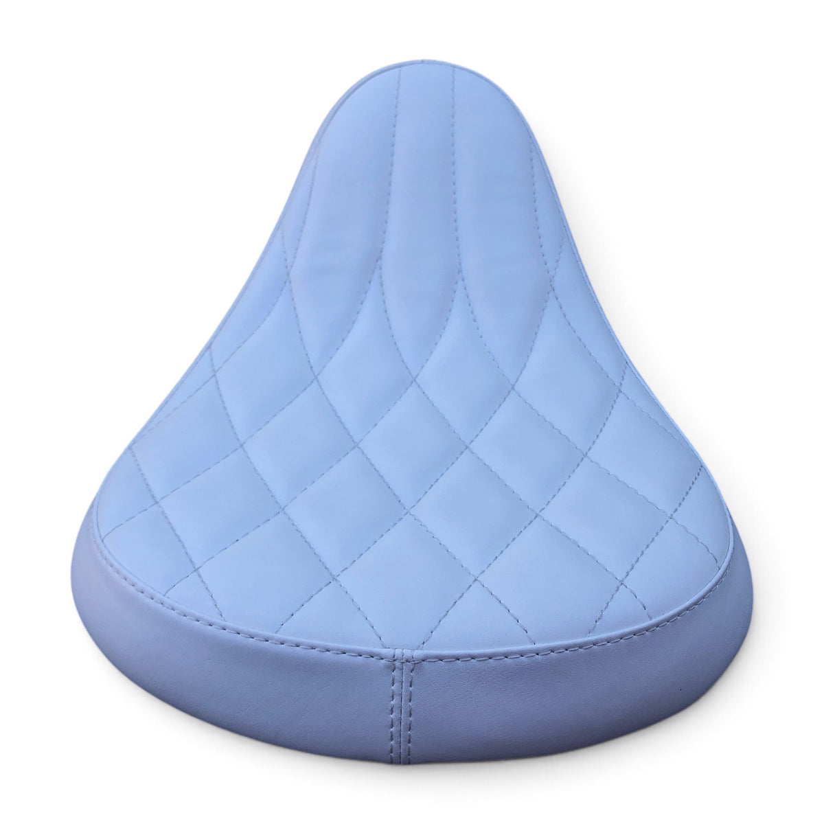 Champ Customs Shop solo motorcycle seat in light blue marine grade vinyl with diamond stitched pattern