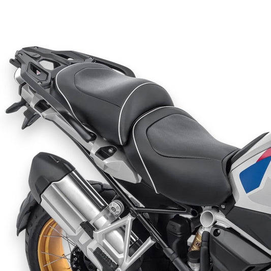 Champ Customs Shop gel motorcycle seat for BMW R 1200GS and R 1250GS with black textured finish and white piping