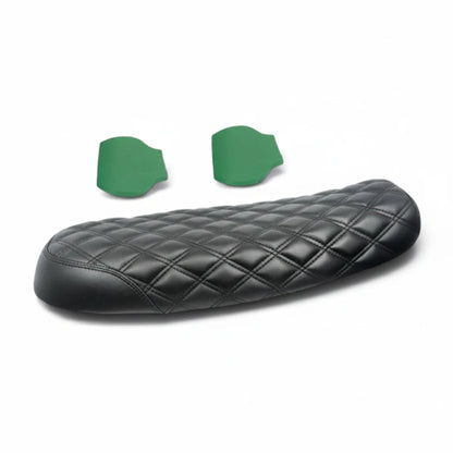 Champ Customs Shop black diamond stitch gel motorcycle seat for Triumph Bonneville with two green gel inserts