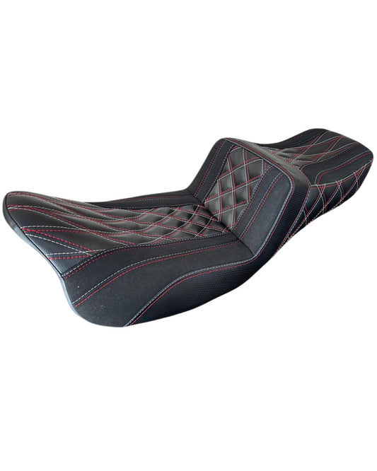 Champ Customs Shop Gladiator motorcycle seat for Harley Touring with black leather and red diamond stitch pattern
