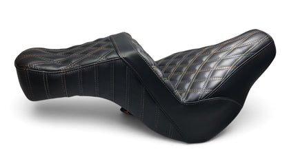Champ Customs Shop Harley-Davidson Low Rider Stinger seat with black marine-grade vinyl and outlaw diamond stitching.