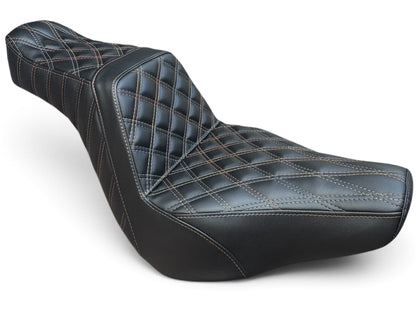 Champ Customs Shop Harley-Davidson Low Rider Stinger seat featuring black marine-grade vinyl and diamond stitching.