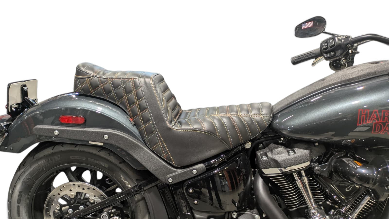 Champ Customs Shop Harley-Davidson Low Rider Stinger seat with black leather, Reaper Tuck and Roll, and diamond stitch