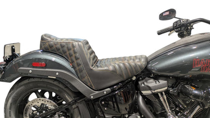 Champ Customs Shop Harley-Davidson Low Rider Stinger seat with black leather, Reaper Tuck and Roll, and diamond stitch
