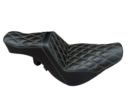 Champ Customs Shop Road Master motorcycle seat for Harley-Davidson with black marine-grade vinyl and yellow diamond stitching
