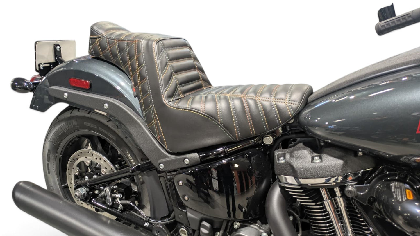 Champ Customs Shop Harley-Davidson Low Rider Stinger seat with Reaper Tuck and Roll stitching and raised tail design.