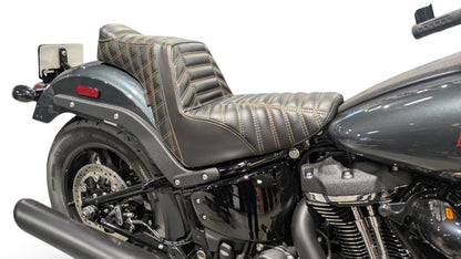 Champ Customs Shop Harley-Davidson Low Rider Stinger seat with Reaper Tuck and Roll stitching and raised tail design.