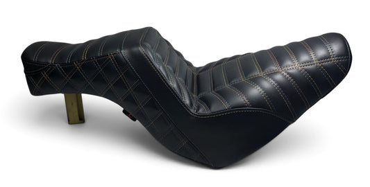 Champ Customs Shop Harley-Davidson Low Rider Stinger seat with black leather, Reaper Tuck and Roll, and diamond stitch.