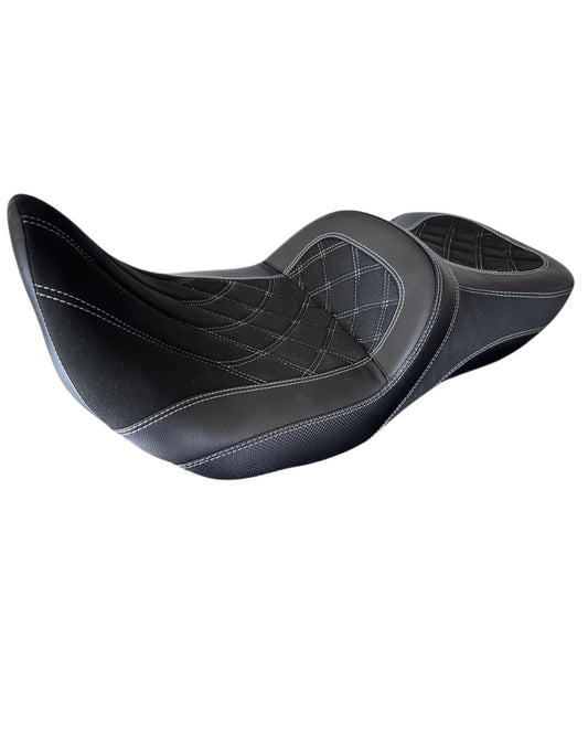 Champ Customs Shop black leather touring seat with white diamond stitching for Harley-Davidson motorcycles
