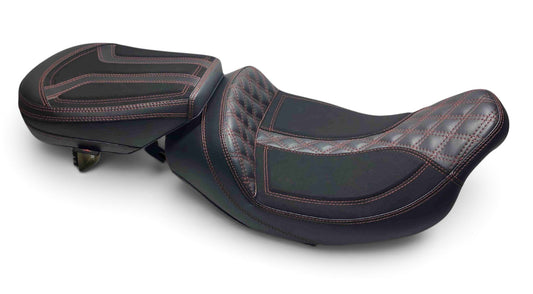 Champ Customs Shop luxury black motorcycle seat with red diamond stitching for Harley Touring bagger motorcycles
