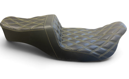 Champ Customs Shop Harley Davidson touring gel seat with black leather and yellow triple diamond stitching