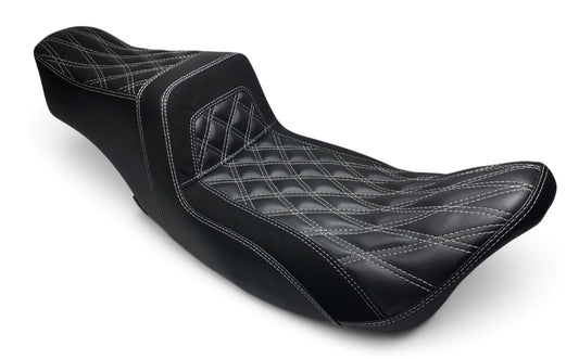 Champ Customs Shop Harley Davidson touring gel seat with black leather and white royal diamond stitching pattern