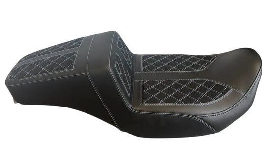 Champ Customs Shop 2-up touring seat for Harley-Davidson with black vinyl, suede, and Dynasty Stitch diamond pattern.