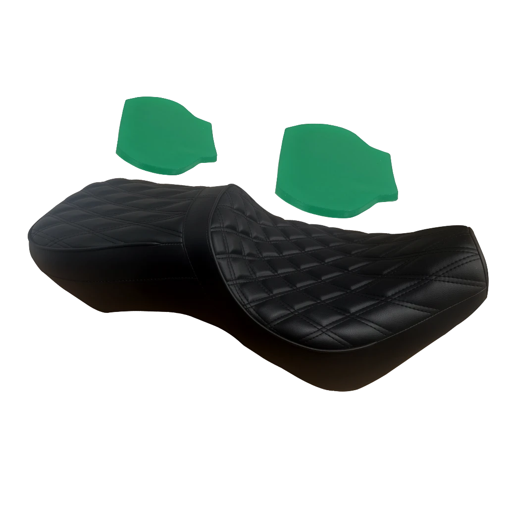 Champ Customs Shop black dual gel seat for Honda Rebel 1100 with diamond stitch pattern and green gel inserts