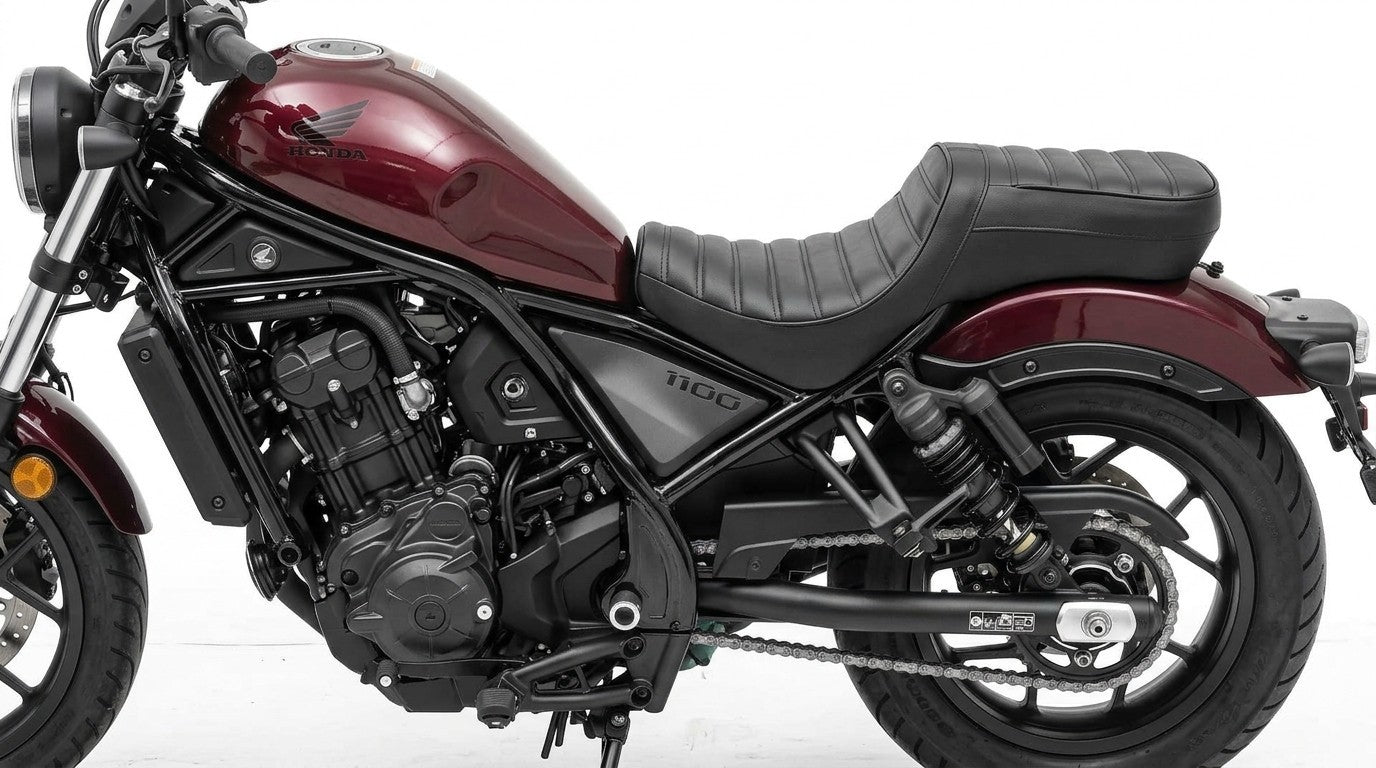 Champ Customs Shop Deep Dish black tuk and roll gel seat installed on a burgundy Honda Rebel 1100 motorcycle