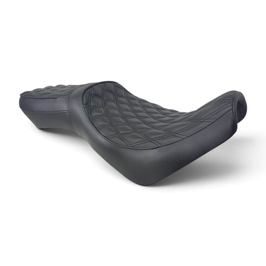 Champ Customs Shop low-profile dual gel motorcycle seat for Honda Rebel 1100 with black diamond stitch vinyl finish
