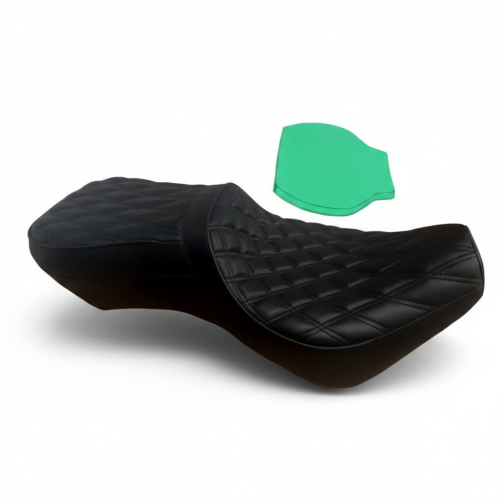 Champ Customs Shop black double diamond stitch dual gel seat for Honda Rebel 1100 with green gel insert