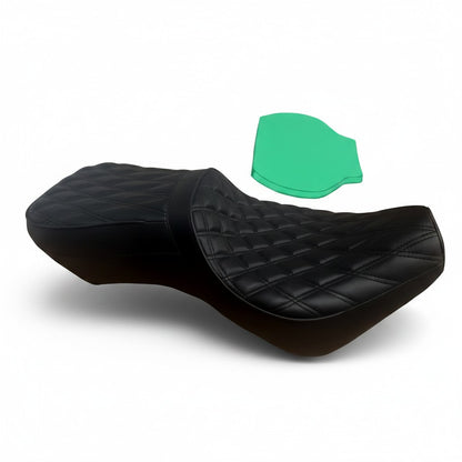 Champ Customs Shop black double diamond stitch dual gel seat for Honda Rebel 1100 with green gel insert