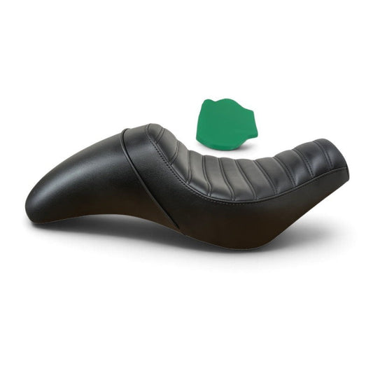 Champ Customs Shop black vinyl club style gel seat for Honda Rebel 1100 with tuck and roll stitching and green gel pad