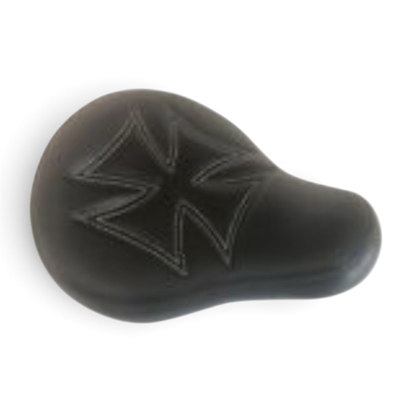 Champ Customs Shop wide black vinyl motorcycle solo seat featuring red stitched iron cross design
