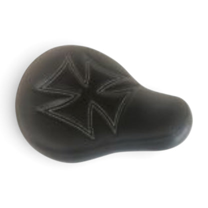 Champ Customs Shop wide black vinyl motorcycle solo seat featuring red stitched iron cross design