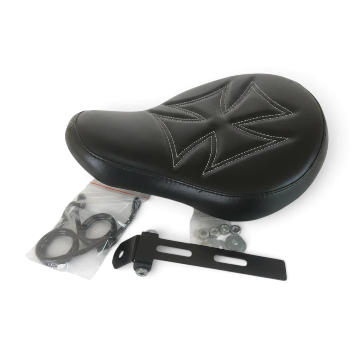 Champ Customs Shop black vinyl motorcycle solo seat with red iron cross stitching, mounting hardware, and springs.