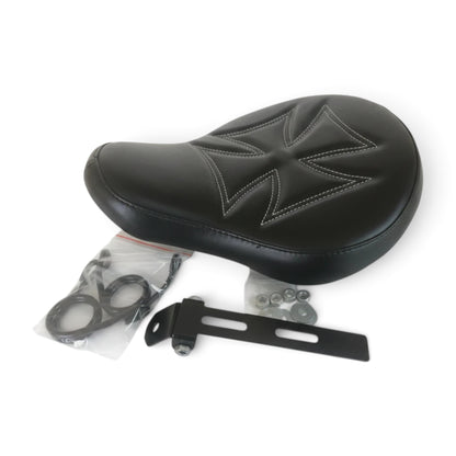 Champ Customs Shop black vinyl motorcycle solo seat with red iron cross stitching, mounting hardware, and springs.