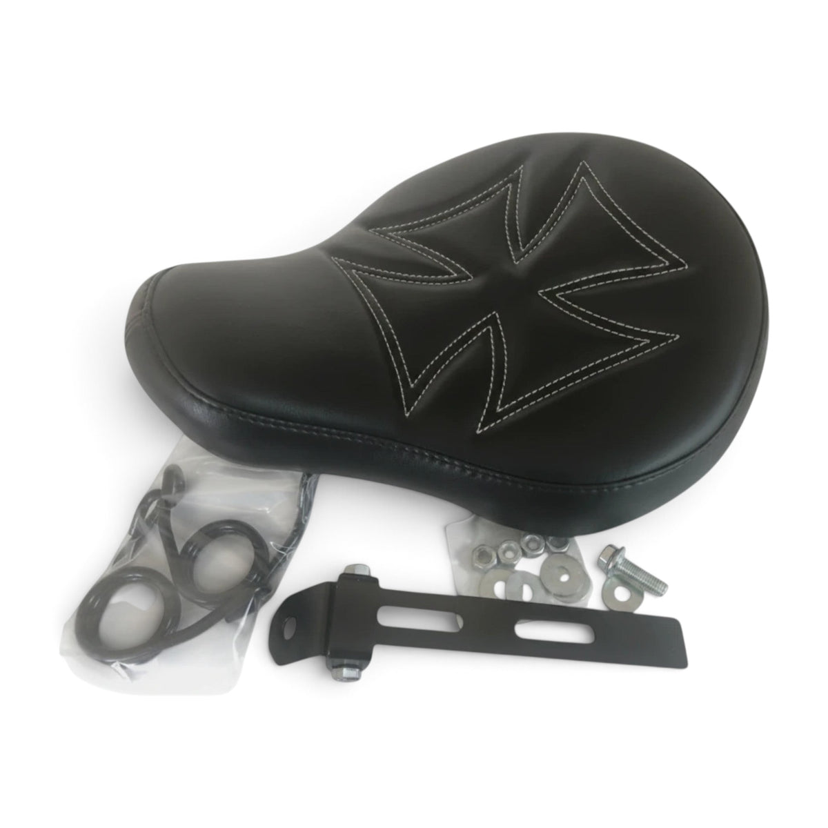 Champ Customs Shop black vinyl solo motorcycle seat with red stitched iron cross design, springs, and hardware kit