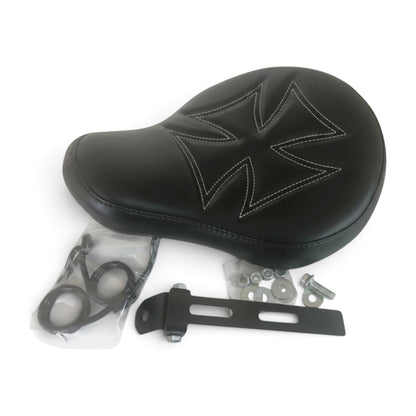 Champ Customs Shop black vinyl solo motorcycle seat with red stitched iron cross design, springs, and hardware kit