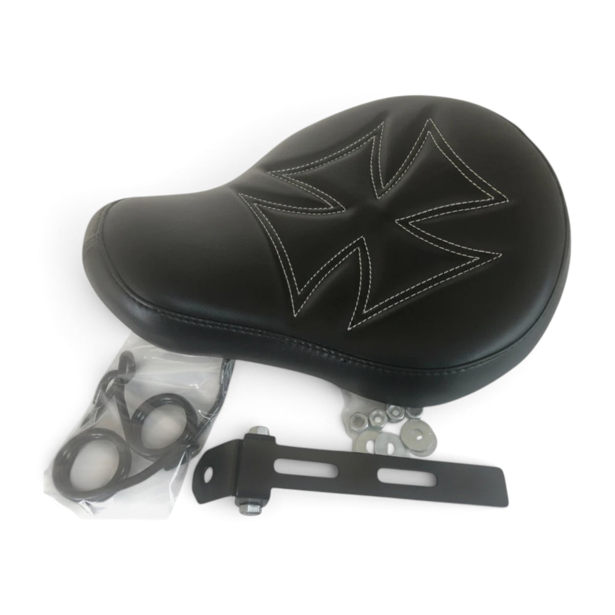 Champ Customs Shop black vinyl solo motorcycle seat with white iron cross stitching, mounting springs, and hardware