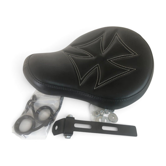 Champ Customs Shop black vinyl motorcycle solo seat with red iron cross stitching, springs, and mounting hardware.