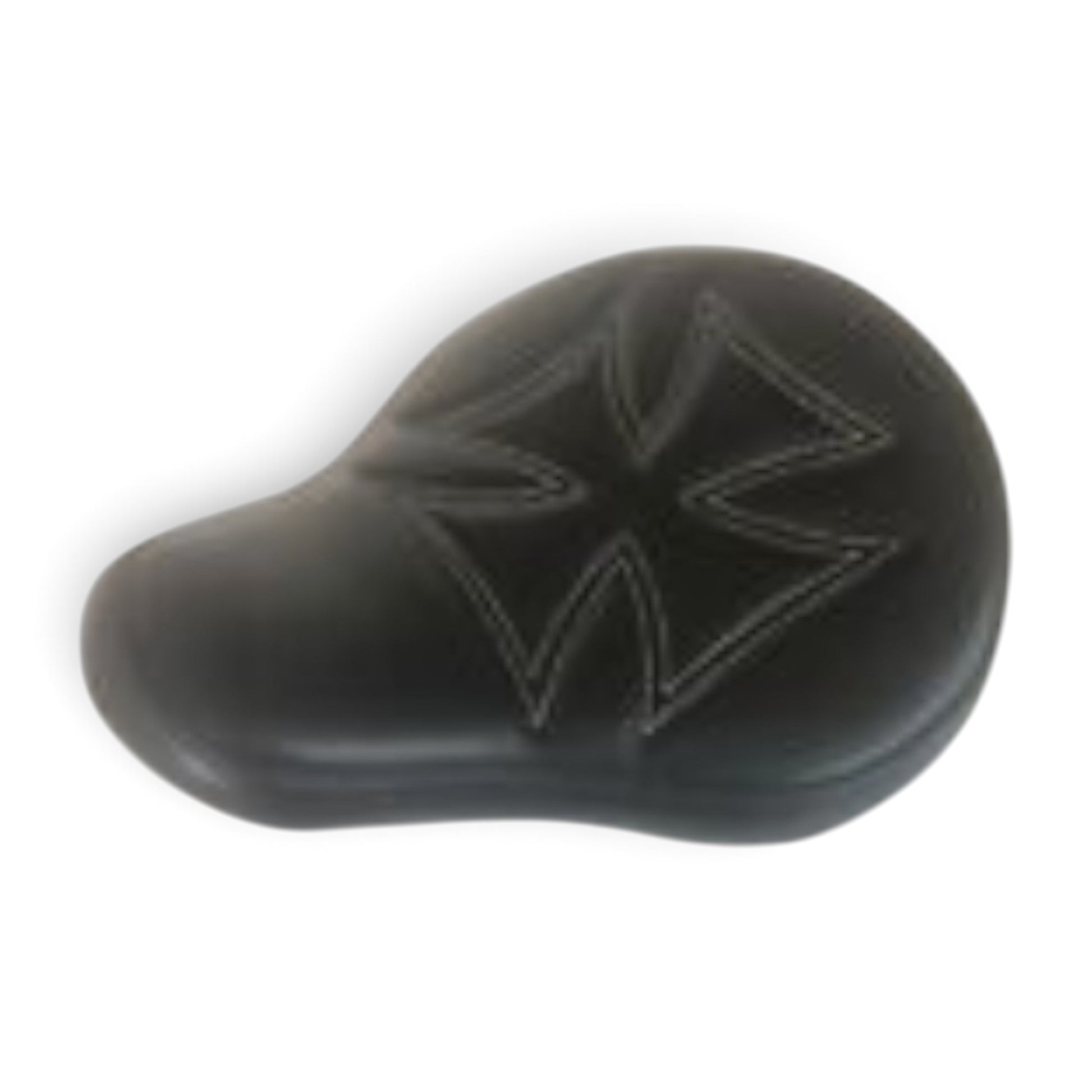 Champ Customs Shop wide black vinyl solo motorcycle seat with red stitched iron cross design for custom bikes